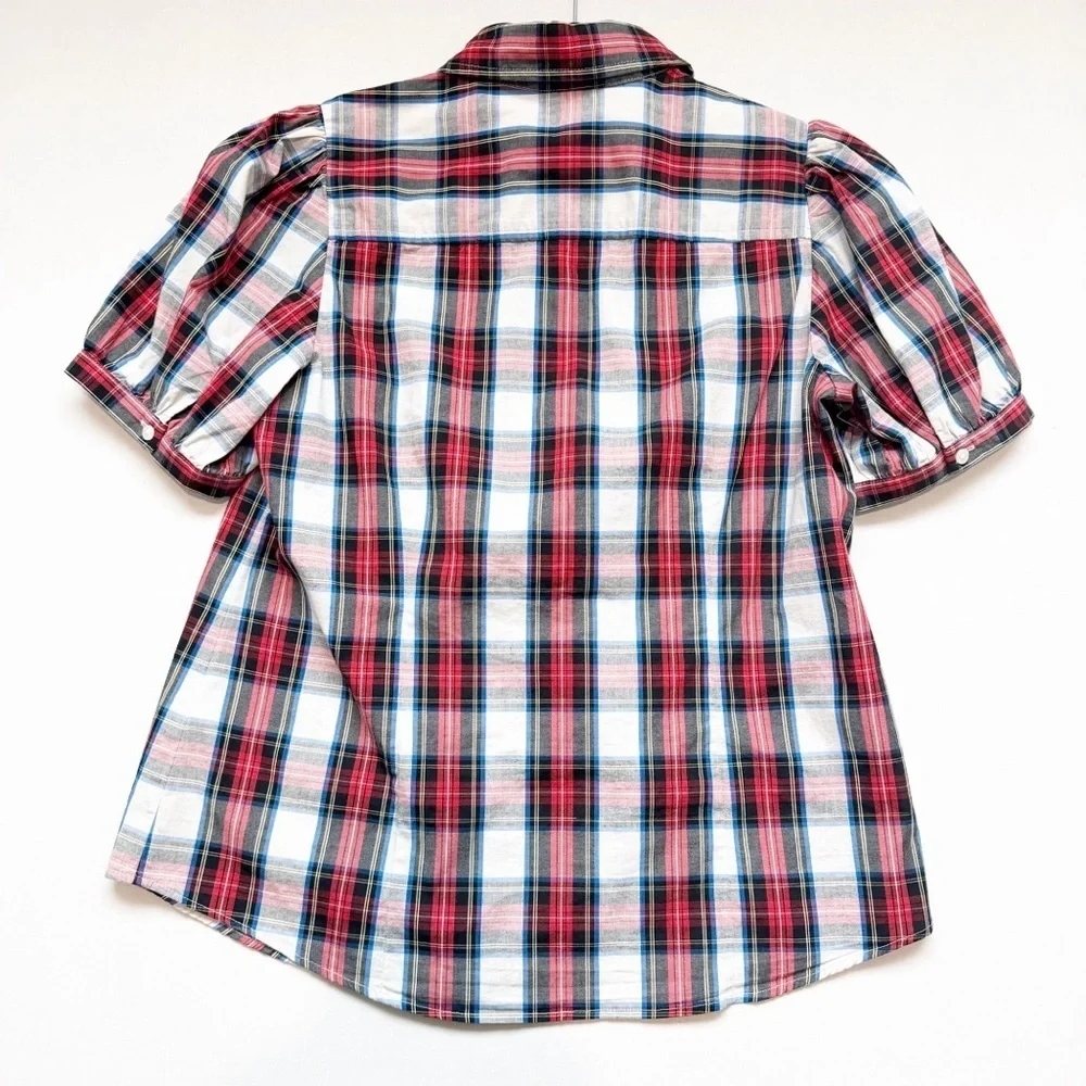 J Crew Puff-sleeve tartan button-up shirt Blouse Top Plaid Academia Preppy